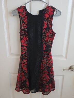 Material Girl Black Dress with Red Floral Lace